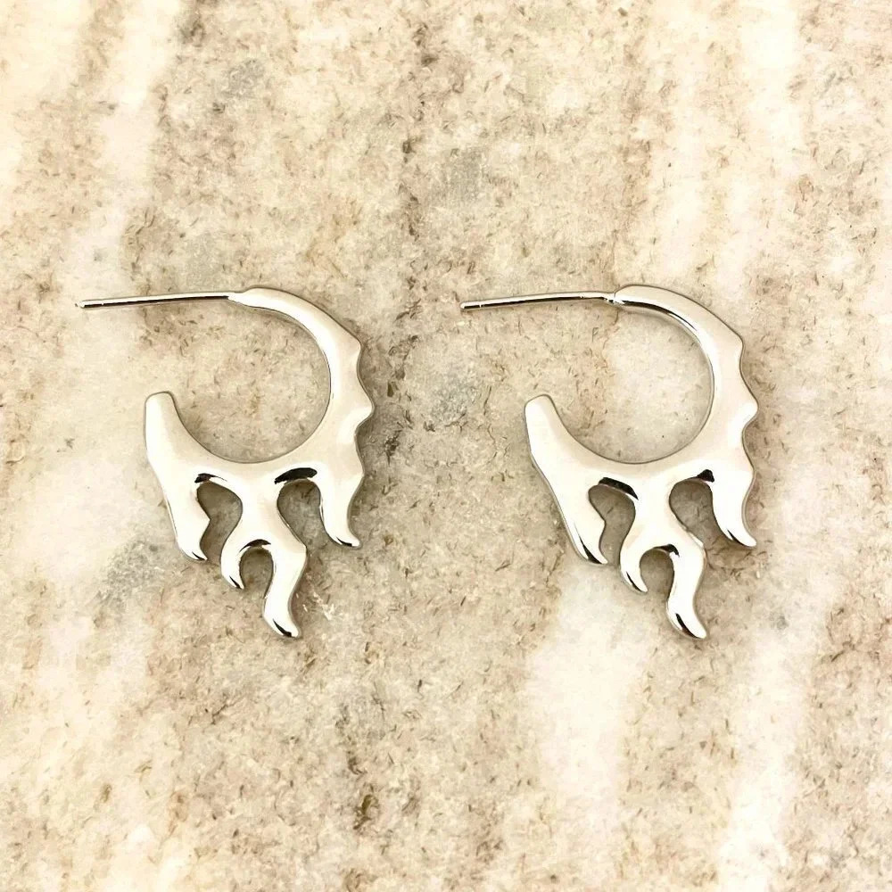925 Sterling Silver Drip Earrings Flame Shape Stud Earrings Cool Unique Studs